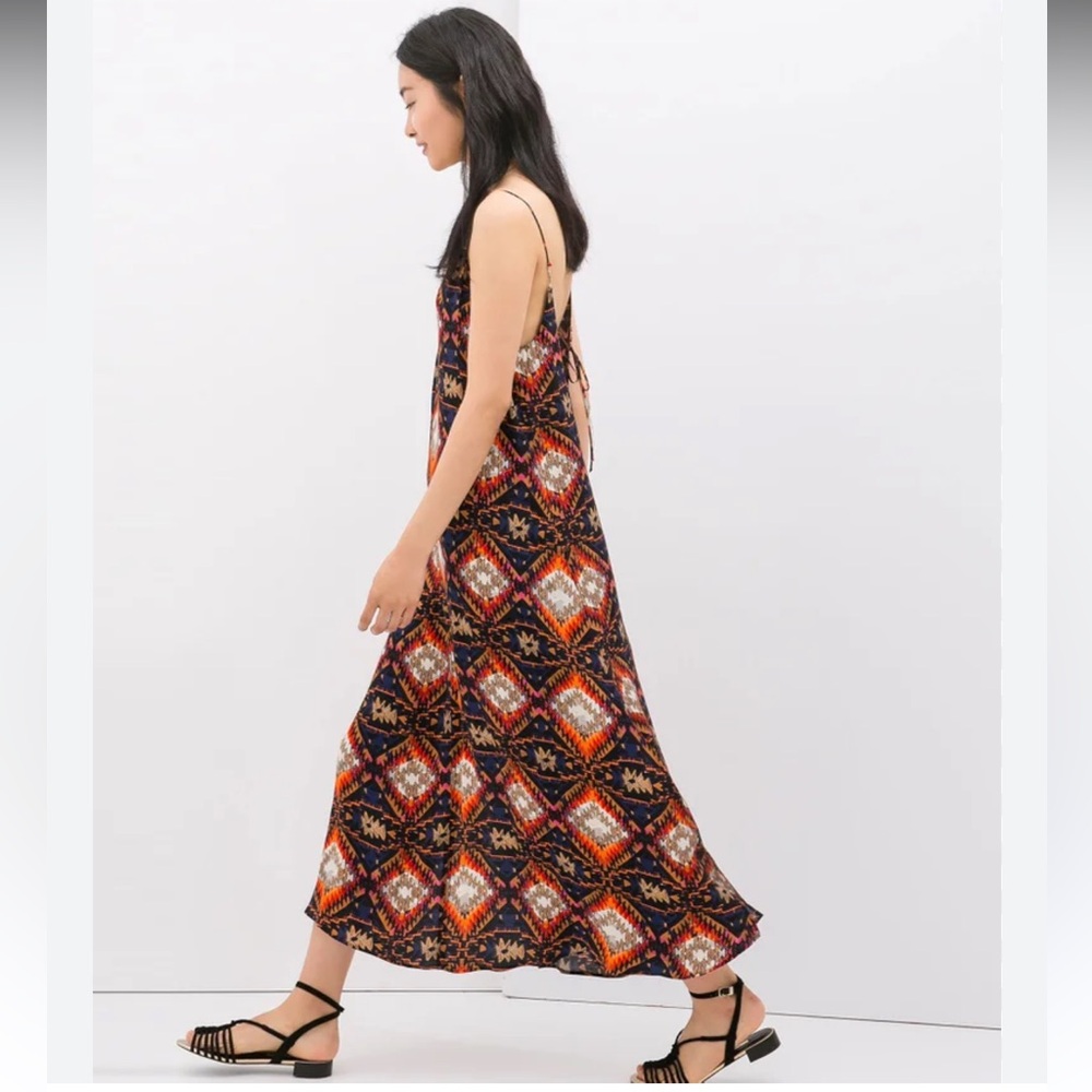Zara Boho Aztec Seaside Soirée Slip Maxi Dress in Multi-Color. Size Large